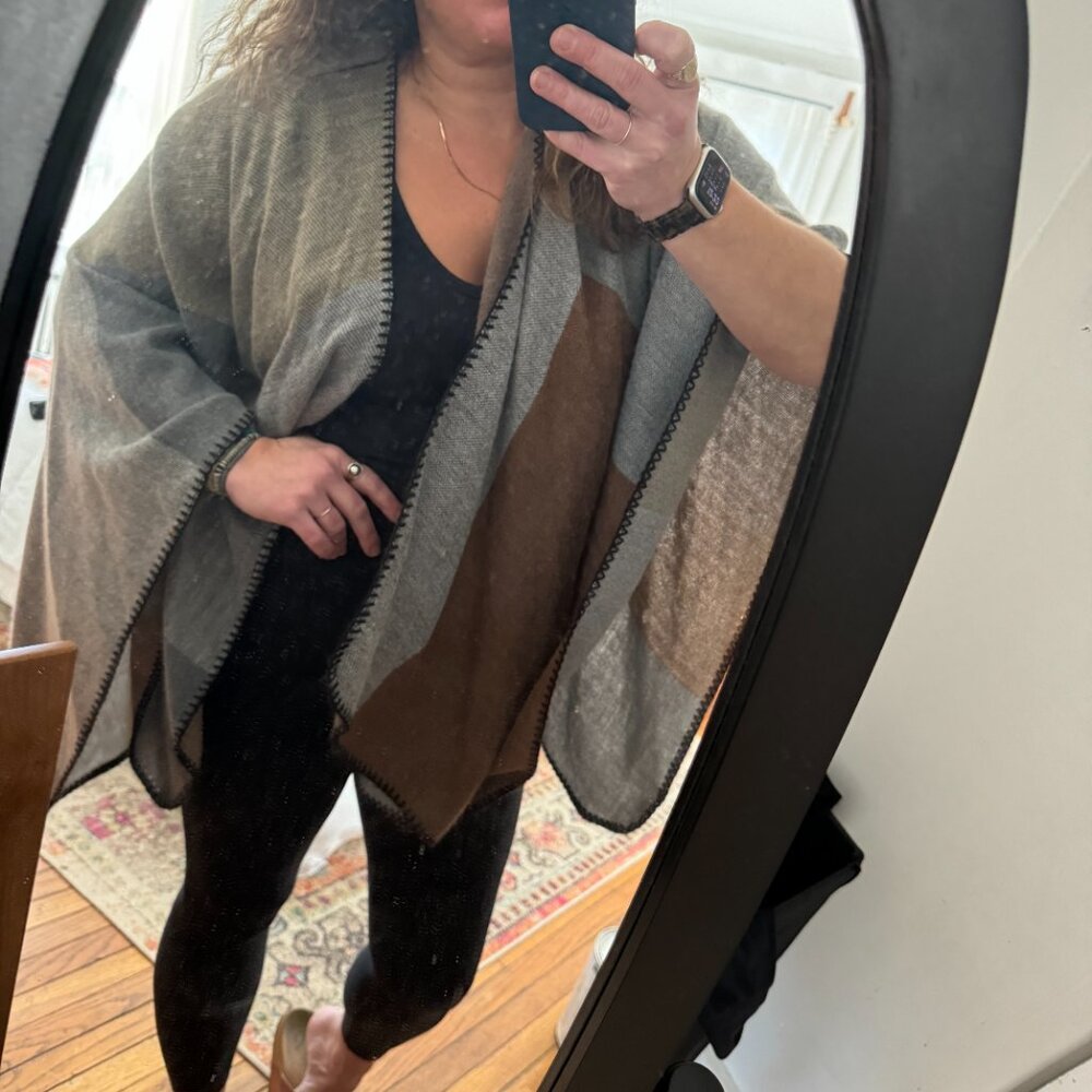 EUC Black, Gray, Brown and Tan Wool Drape Poncho - Picture 2 of 5
